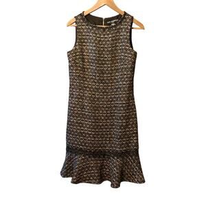 Karl Lagerfeld Black Multi Tweed Dress Back Zipper Flounce Lace Trim Size 6